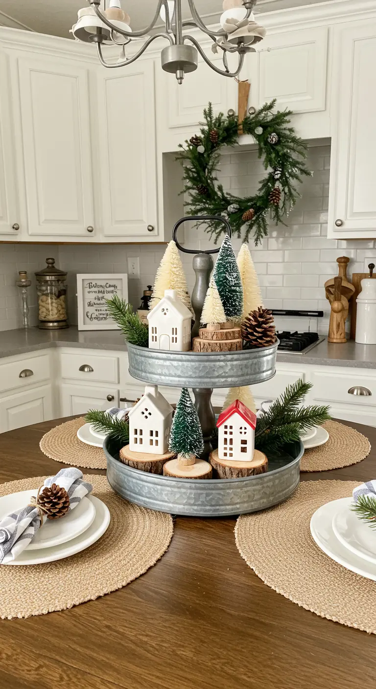 A galvanized tiered tray centerpiece decorated with a miniature winter village scene.