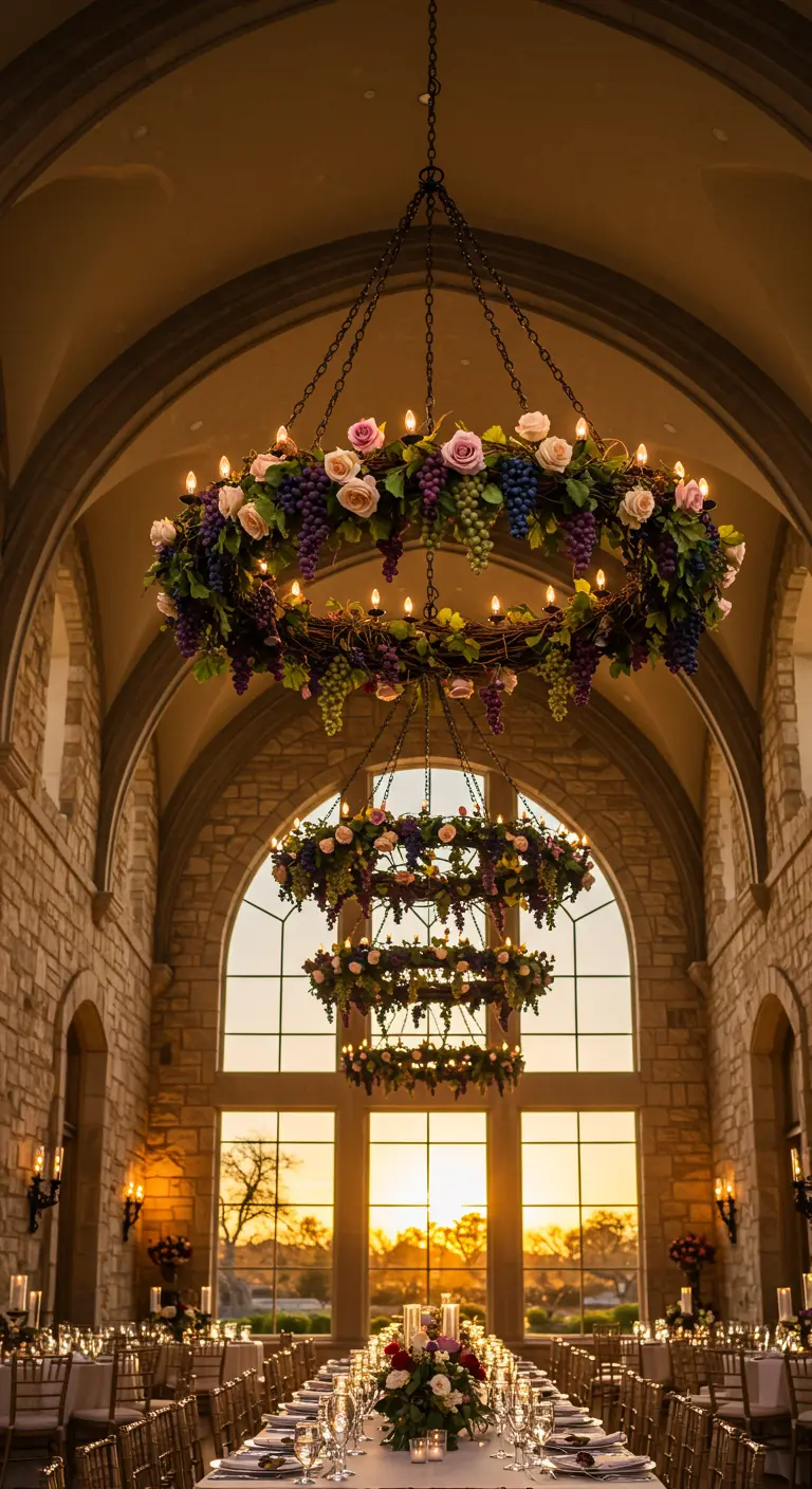 A grand tiered chandelier in a stone hall, decorated with roses and hanging grapes.