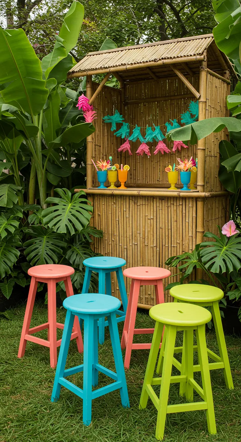 Brightly painted stools in coral, turquoise, and lime green in front of a bamboo tiki bar.