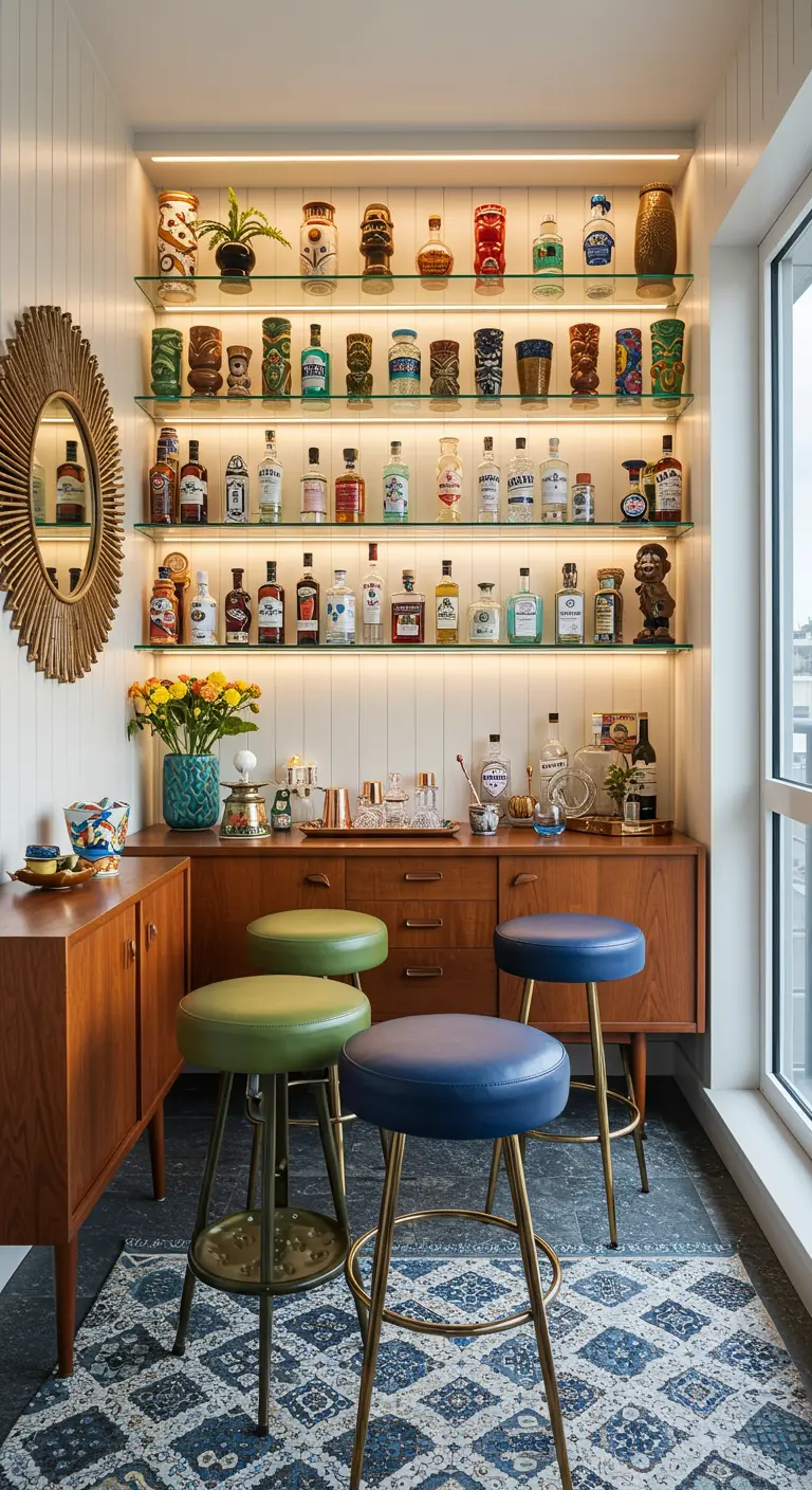 Mid-century modern balcony bar with a teak sideboard, tiki mugs, and colorful stools.