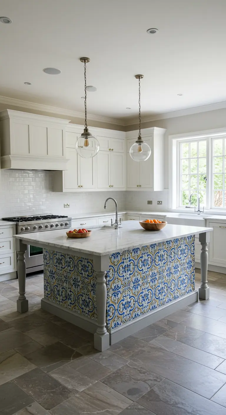 A large kitchen island completely covered in a vibrant blue, yellow, and white Moroccan tile pattern.