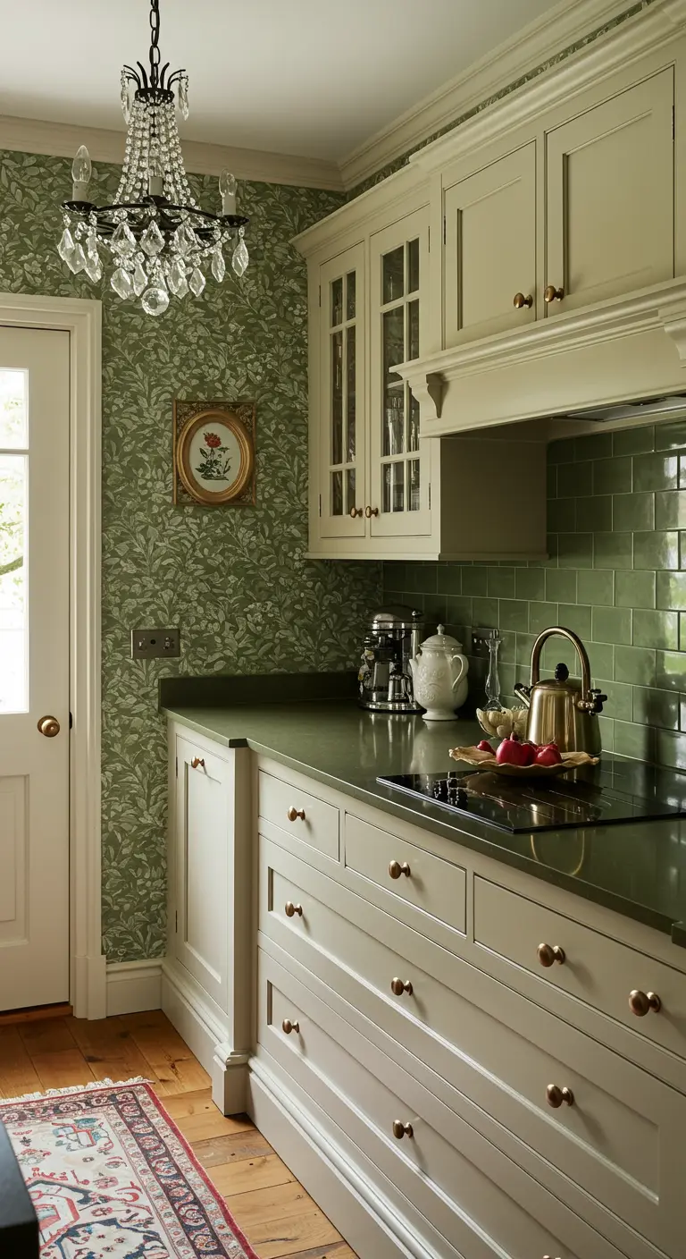 Traditional kitchen with sage green wallpaper, a crystal chandelier, and dark green tile.