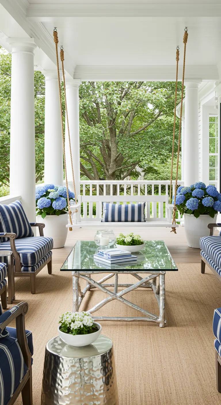 Elegant white porch with a faux-driftwood table, rope swing, and large pots of blue hydrangeas.