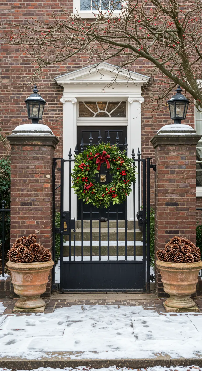 A black iron gate with a red berry wreath, flanked by two large urns overflowing with pinecones.