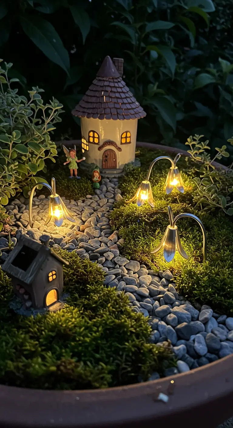 A close-up of a miniature fairy garden in a pot with tiny solar-powered bell flower lights.