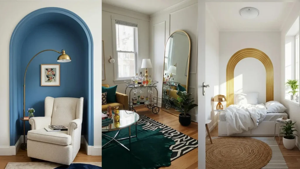Three tiny spaces with personality, showing arches, reflective mirrors, and layered rugs for stylish rental decor.