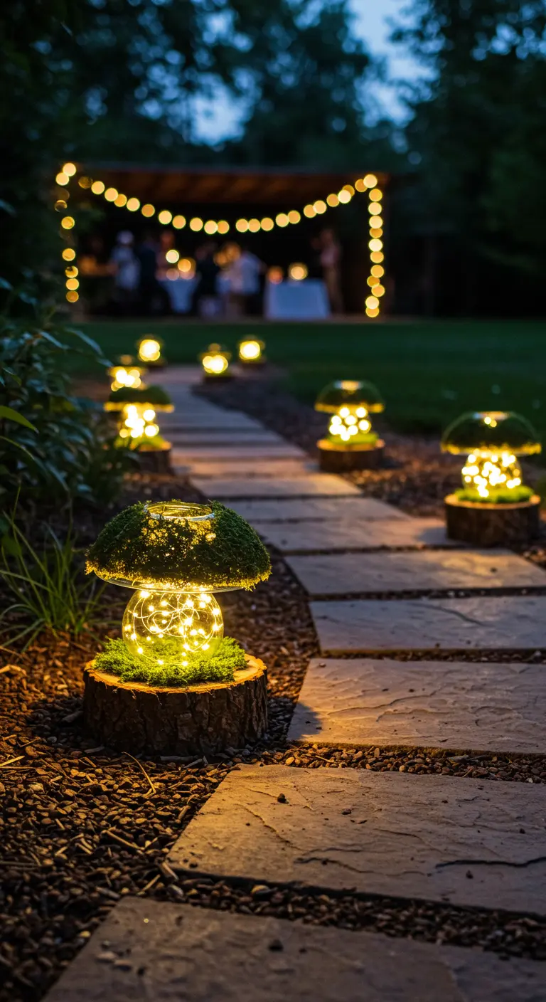 DIY moss mushroom lamps lighting a stone garden path at night.