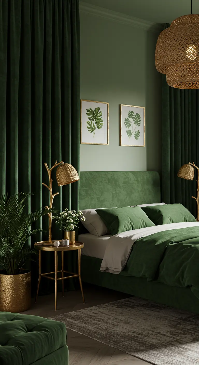 Green-themed bedroom with sage walls, dark green velvet, and woven pendant lights.