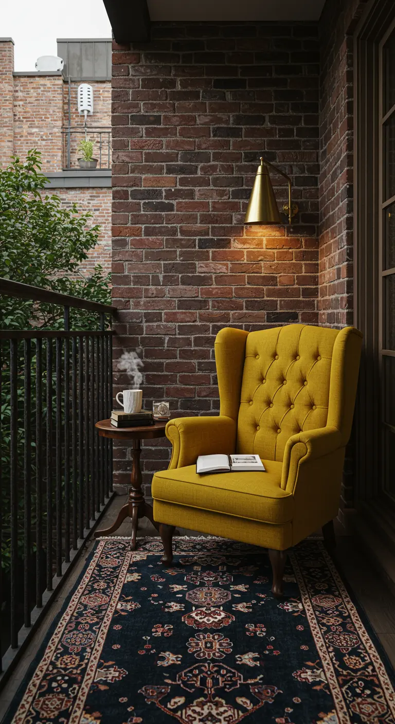 A tufted yellow armchair on a patterned rug, set against an exposed brick wall on a balcony.