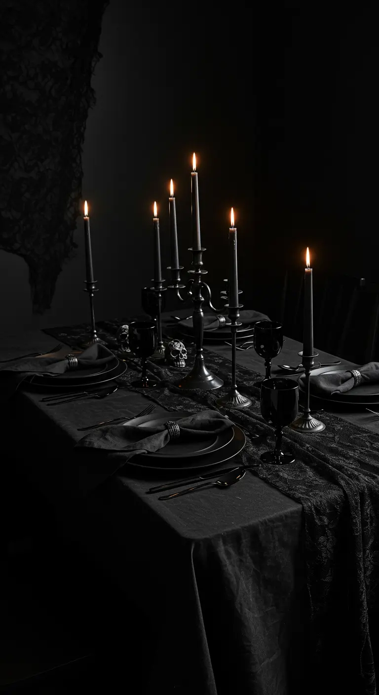 An all-black Halloween table setting, including black plates, candles, and a skull.