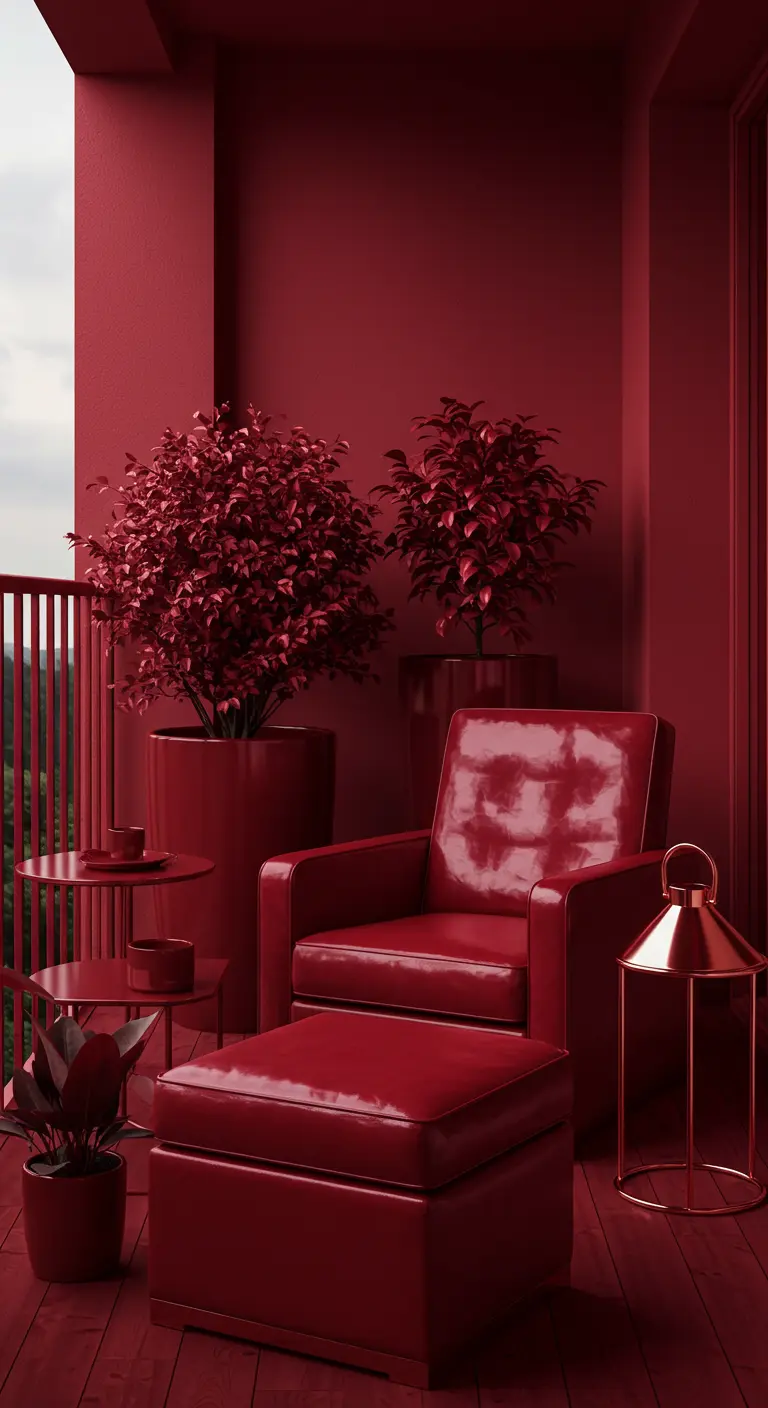 A completely monochromatic red balcony, with red walls, floors, furniture, and plants.