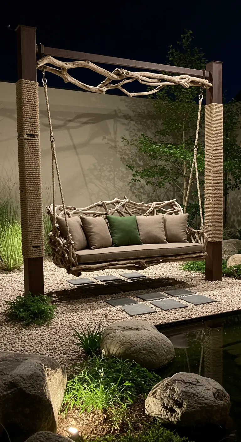 Driftwood swing bench with neutral cushions under a dark frame in a gravel backyard with pond.