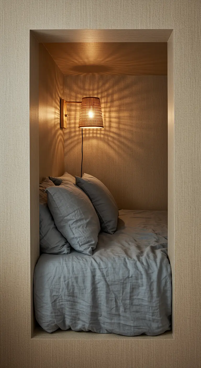 A cozy sleeping alcove built into a wall, with a woven sconce casting patterned light.