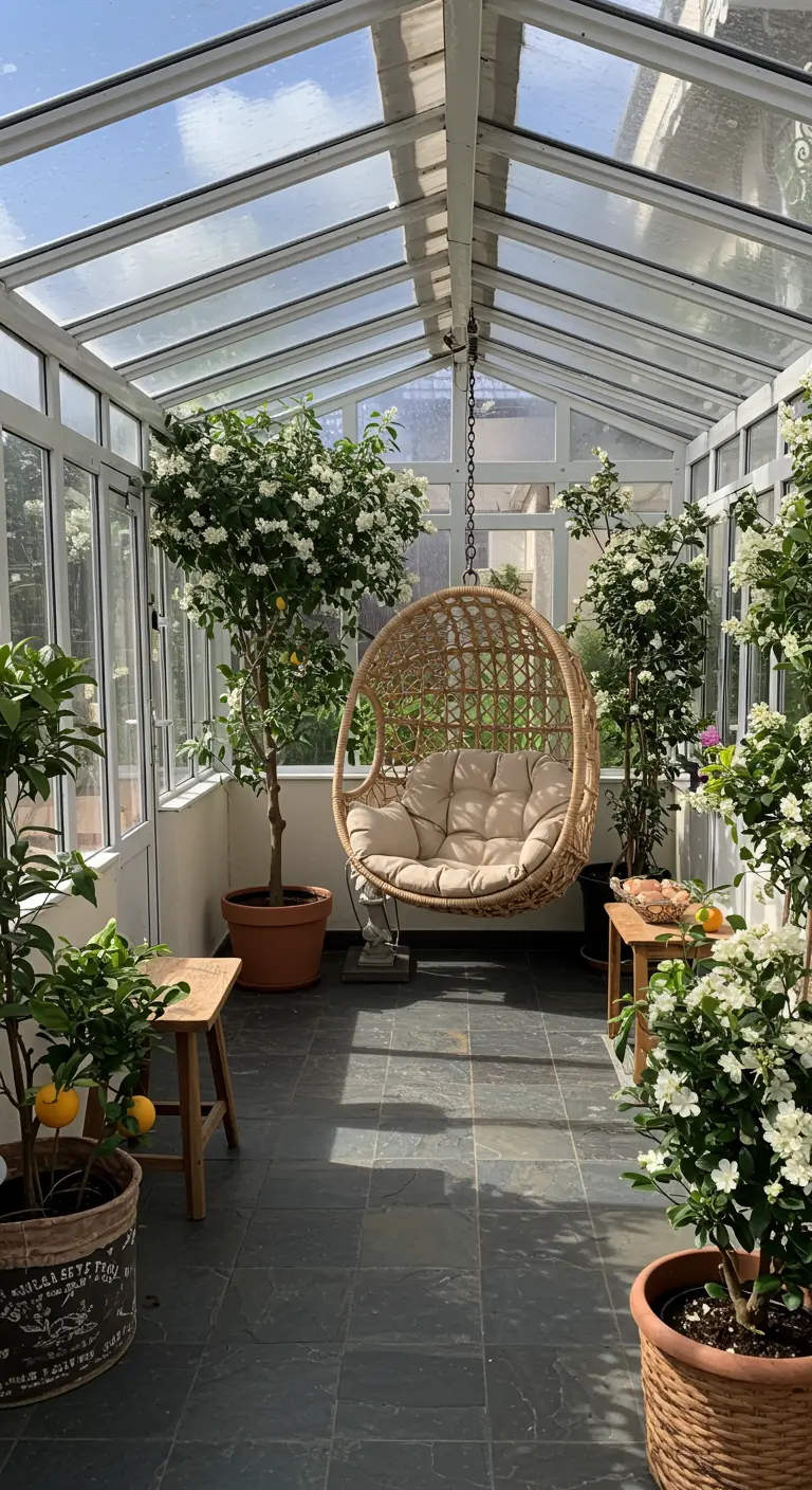 A glass-enclosed sunroom with slate floors, a hanging rattan chair, and several potted citrus trees.