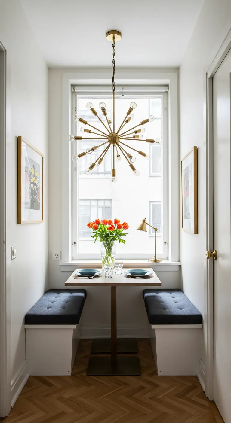 A brass sputnik chandelier hangs over a small dining table in a narrow alcove.