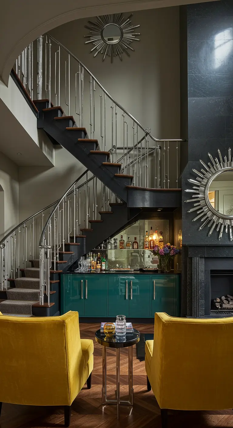 A stylish bar with a teal lacquer cabinet built under a grand staircase.