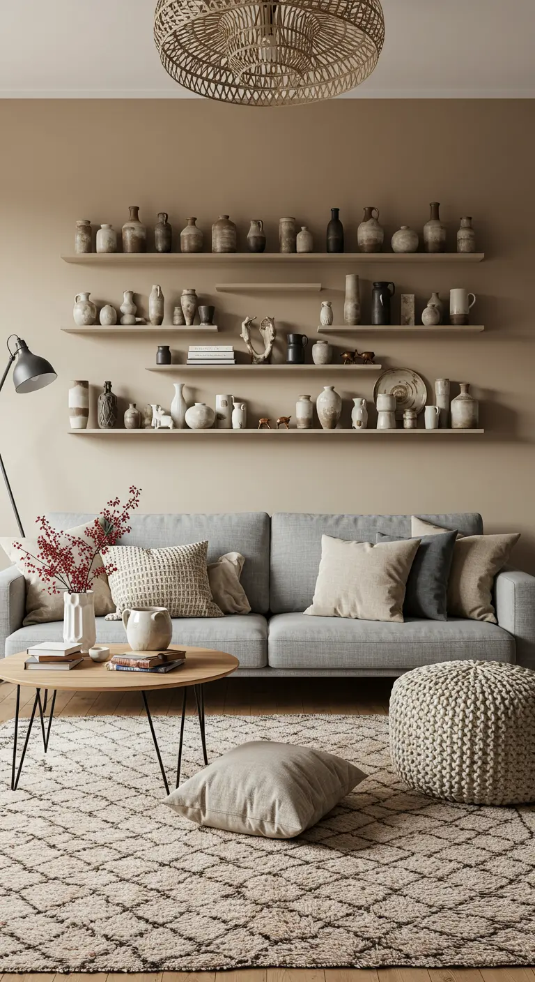 Living room with open shelves displaying a large collection of neutral-toned ceramic pottery.