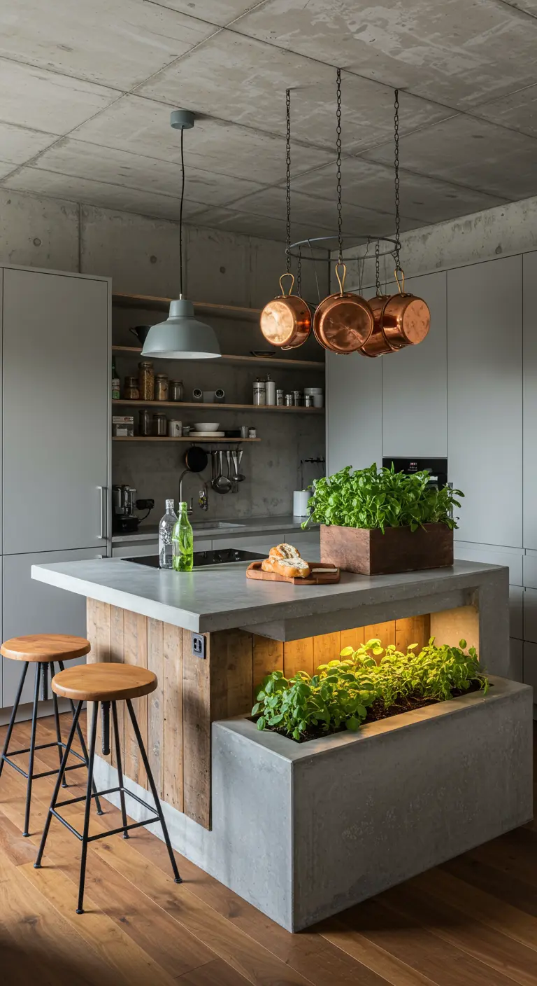 Kitchen island made of concrete and reclaimed wood, with a built-in planter for herbs.