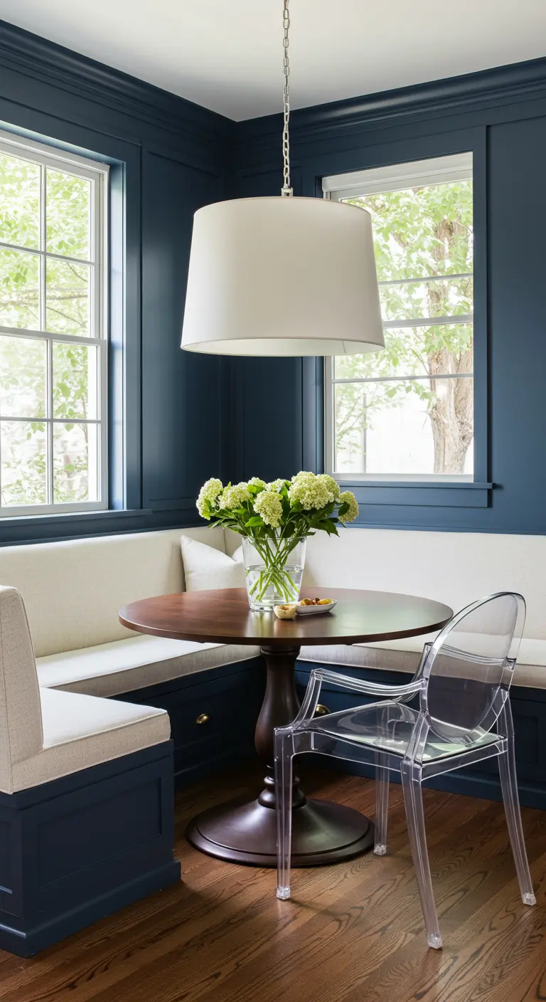 A navy blue dining nook with off-white cushions, a drum pendant, and a ghost chair.