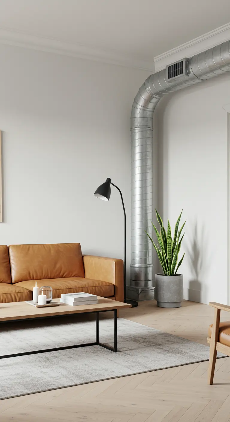 A tan leather sofa and a large plant sit near exposed silver industrial ductwork on a white wall.