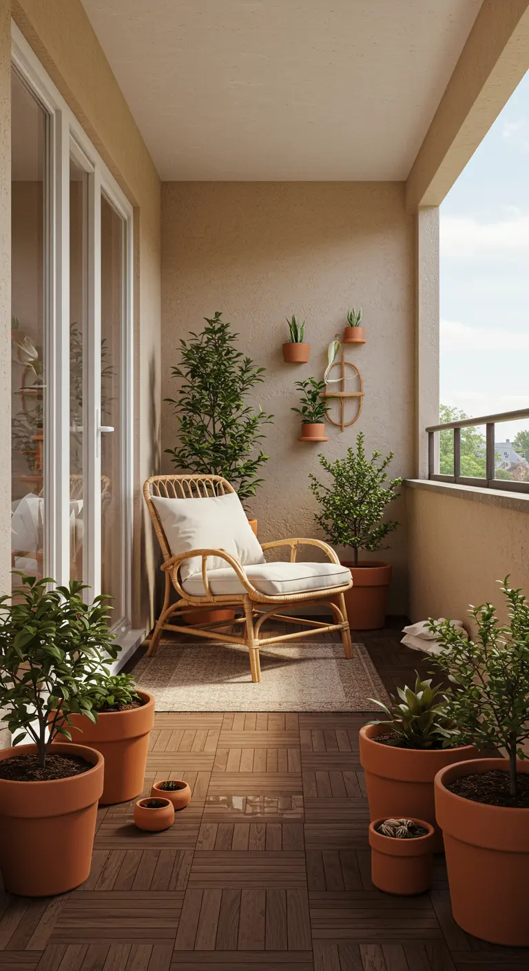 A cozy balcony with a rattan armchair and numerous terracotta potted plants.