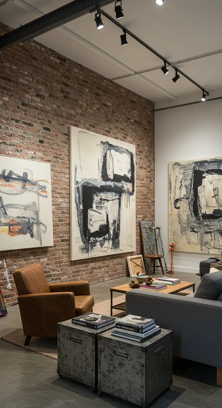 Large abstract paintings hung on an exposed brick wall in a loft-style living area.