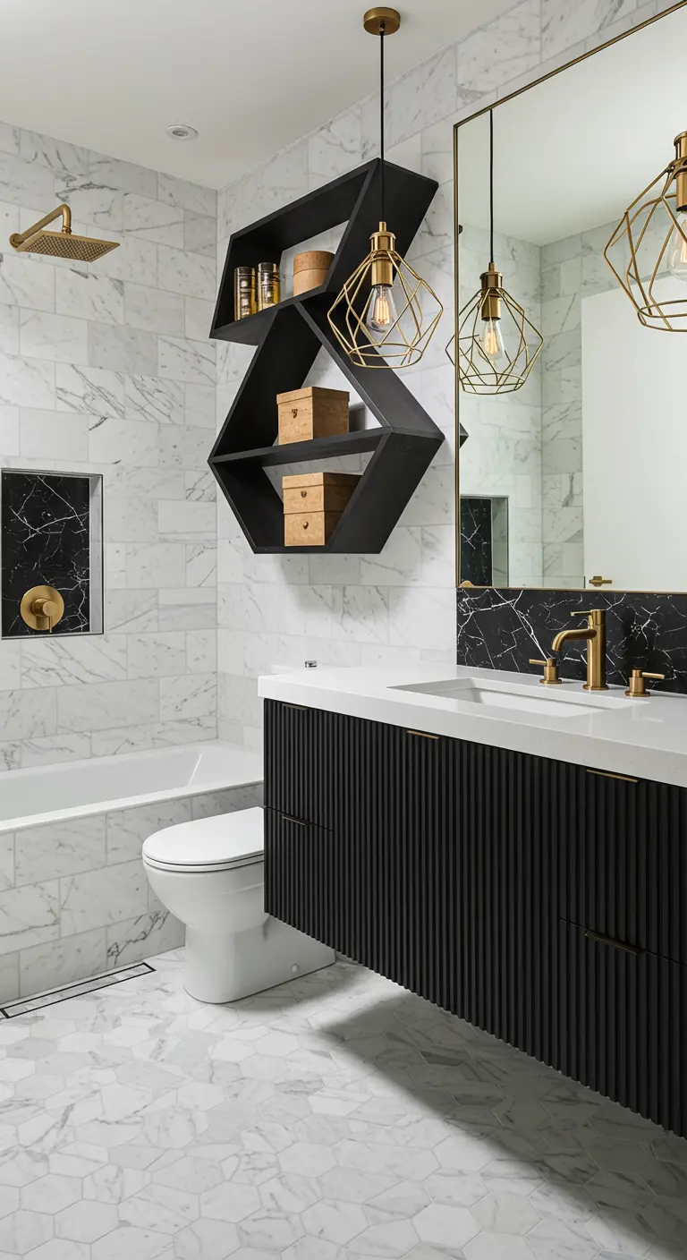 A bathroom with a unique geometric black shelving unit and a ribbed black vanity.