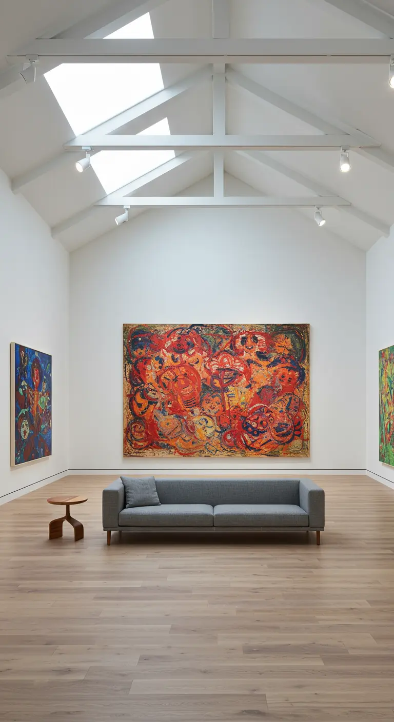 A large, high-ceilinged room with a gray sofa facing a massive, colorful abstract painting.