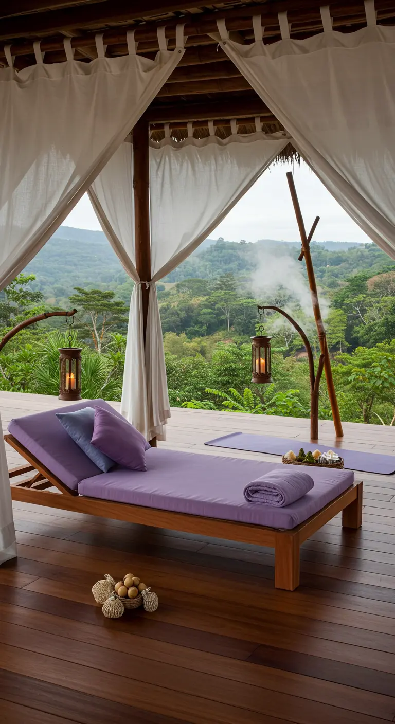Teak lounger on a wooden deck overlooking a forest, with unique branch-like lantern holders.