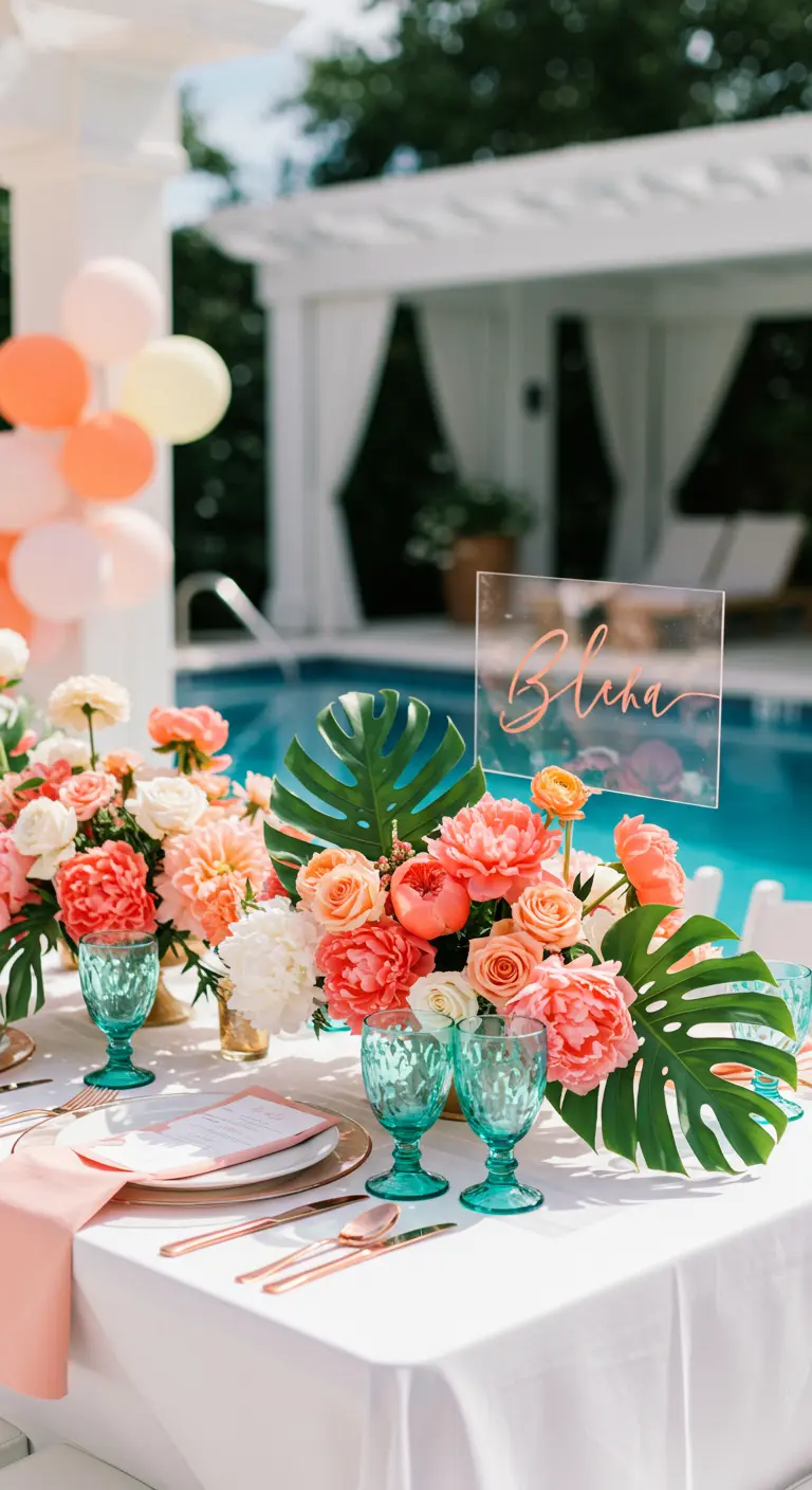 Poolside table with coral peonies, monstera leaves, and an acrylic sign.