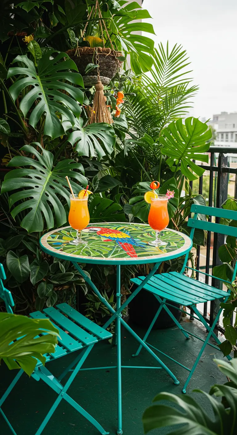 Teal bistro set with a parrot mosaic table, surrounded by lush tropical plants.