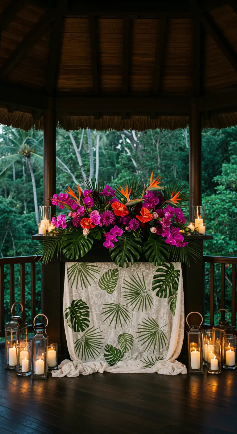 An altar in a gazebo with vibrant tropical flowers and a leaf-print cloth.