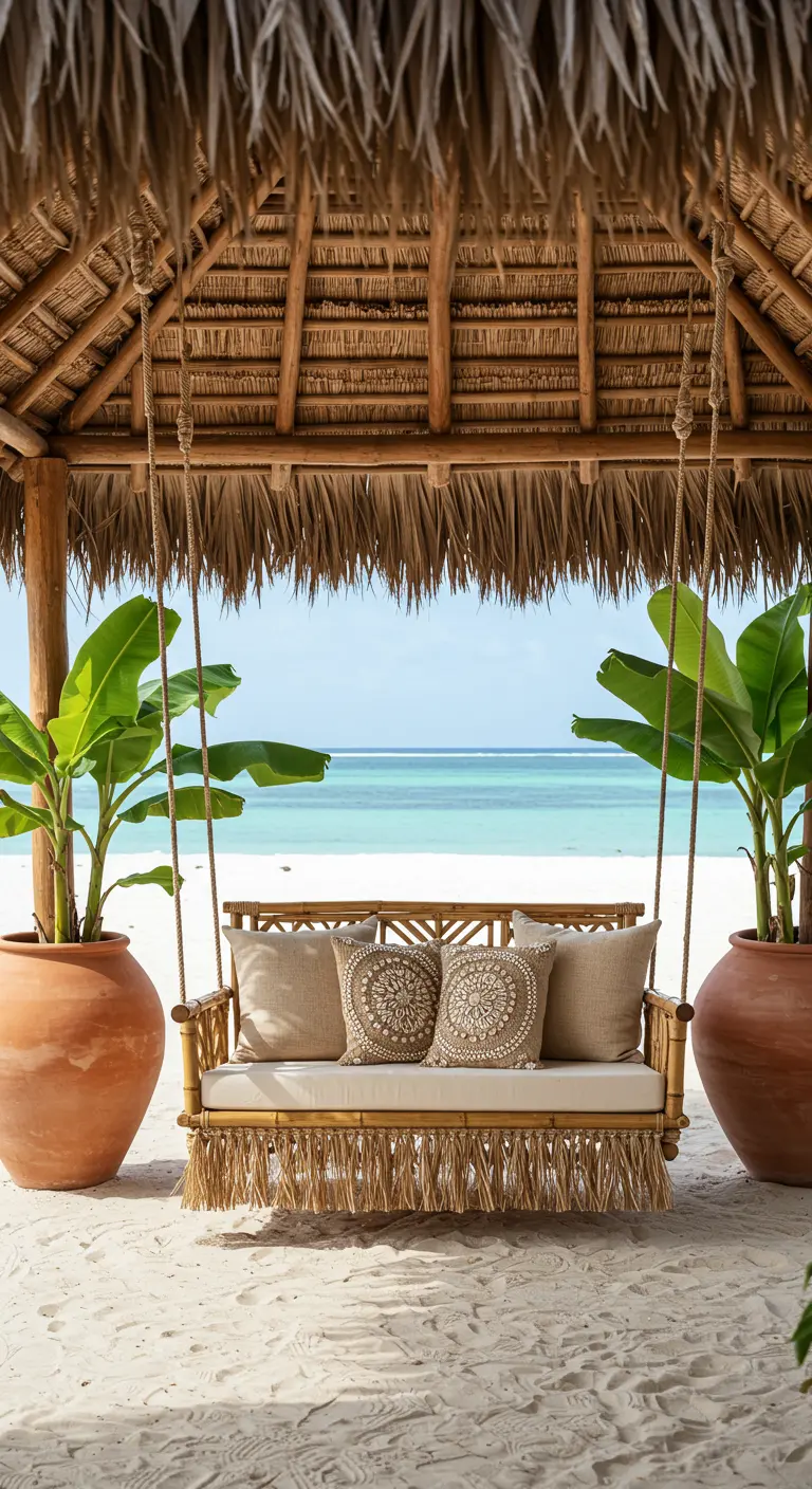 Bamboo fringe swing under a thatched roof with banana plants overlooking the ocean.
