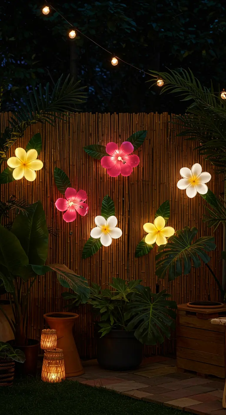 Large, colorful solar-powered hibiscus lights mounted on a bamboo fence in a tropical-style corner.