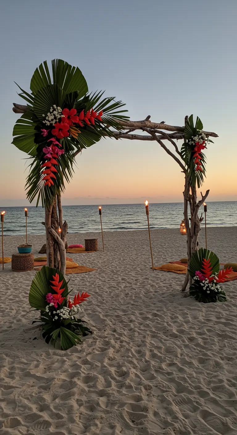 A driftwood wedding arch on a beach decorated with tropical flowers and palm leaves.
