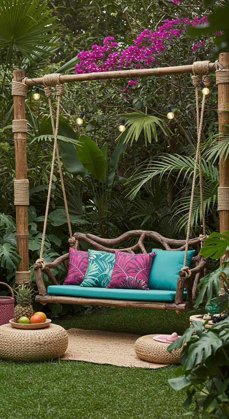 Driftwood swing bench with bright tropical cushions under a bamboo pergola with bougainvillea.