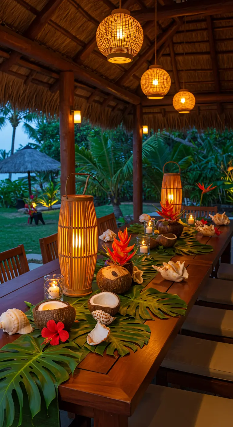 Tropical table with woven lanterns, monstera leaves, and coconuts as decor.