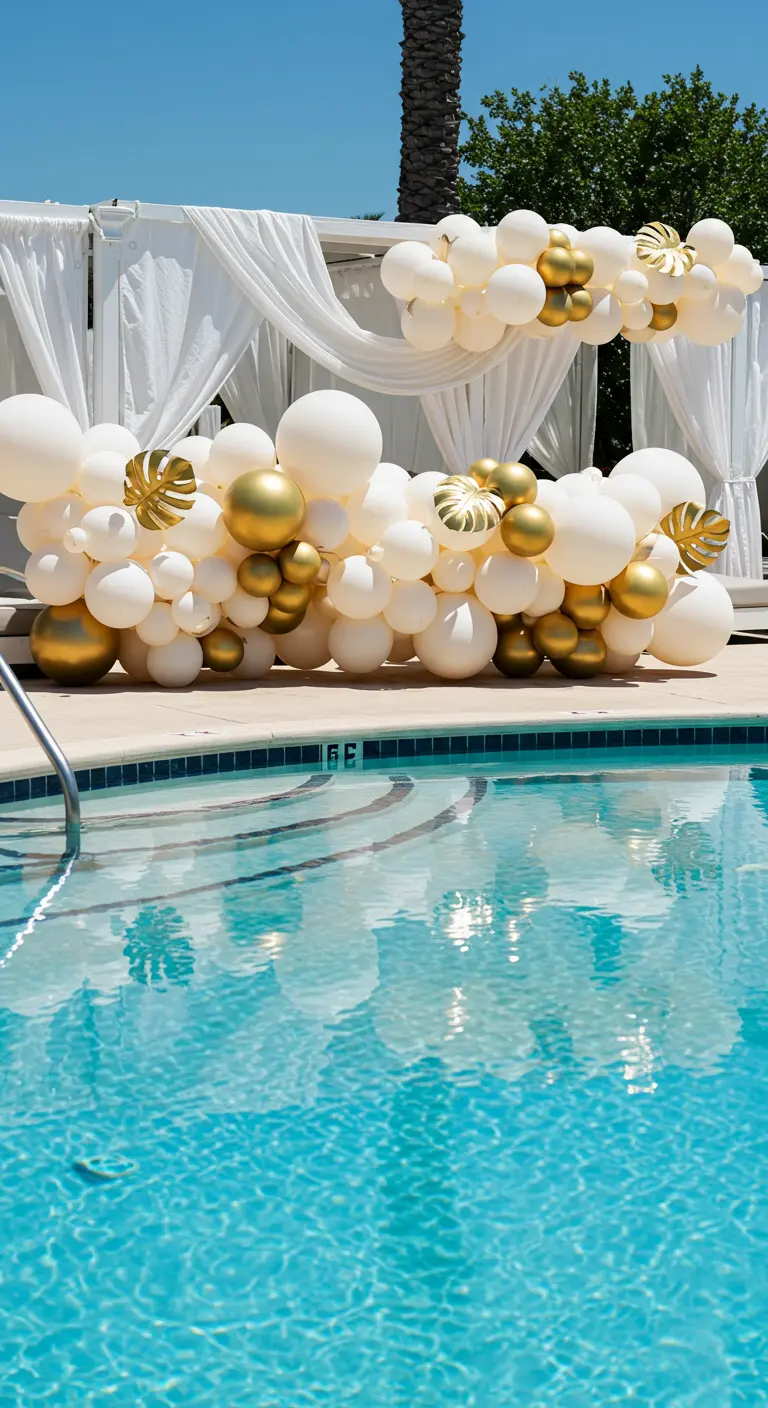 A white and gold balloon garland with gold monstera leaves draping over a poolside.