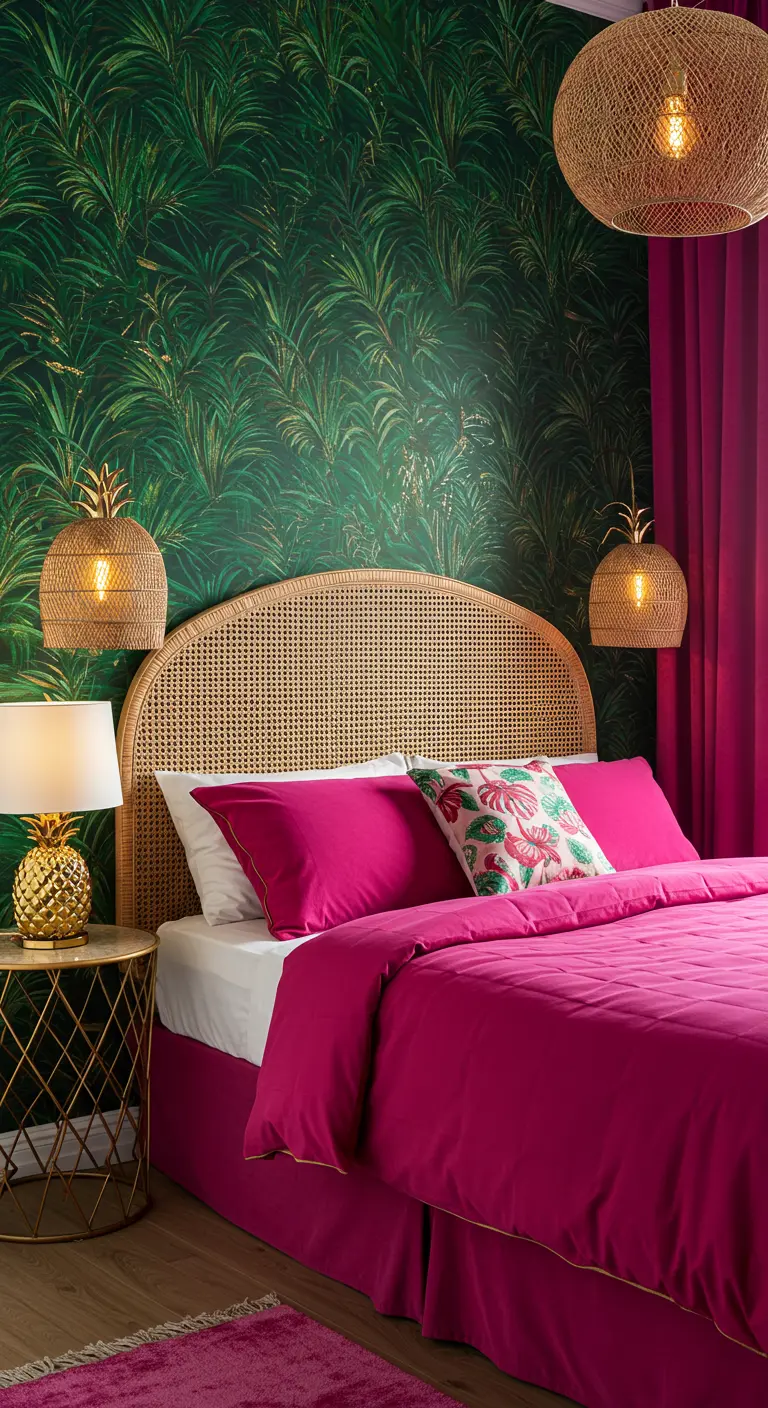 Tropical bedroom with leaf-print wallpaper, fuchsia bedding, and a rattan headboard.