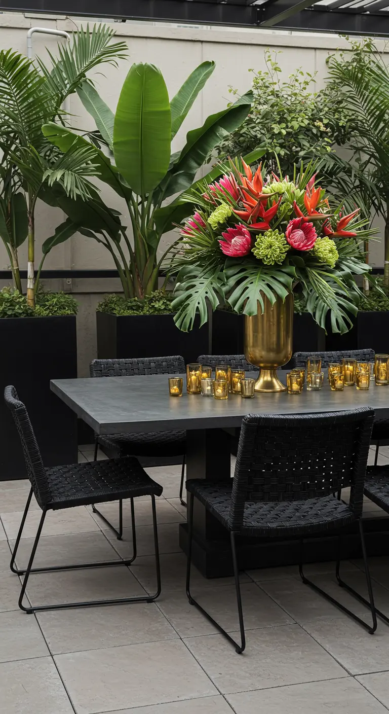 A black dining table set with a large tropical flower arrangement in a gold vase and gold votives.