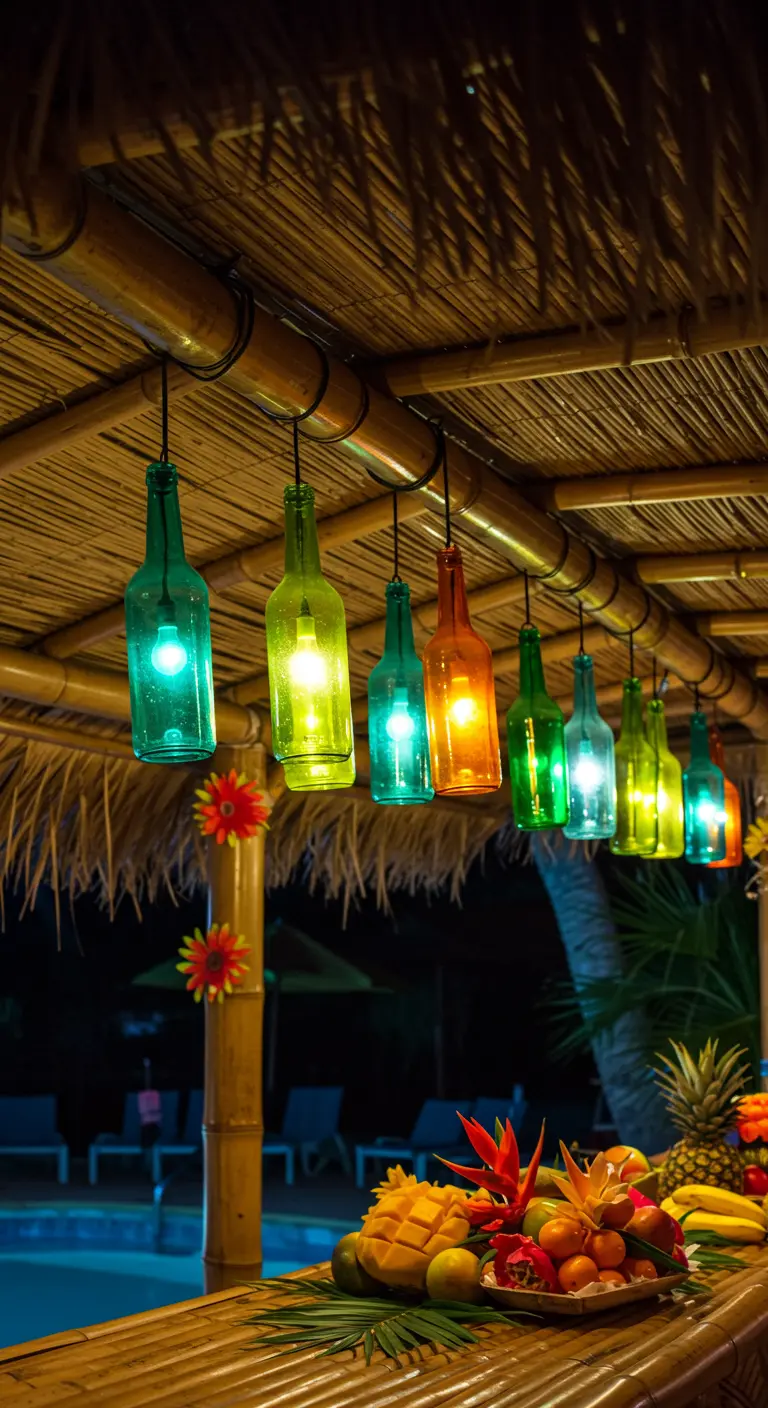Colorful bottle lights hanging over a bamboo tiki bar with fresh fruit.