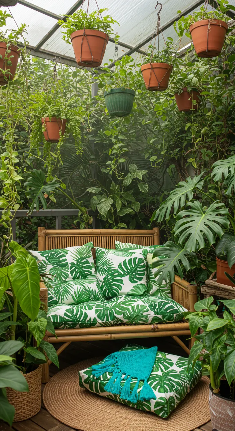 A bamboo bench with tropical leaf print cushions surrounded by lush green plants.