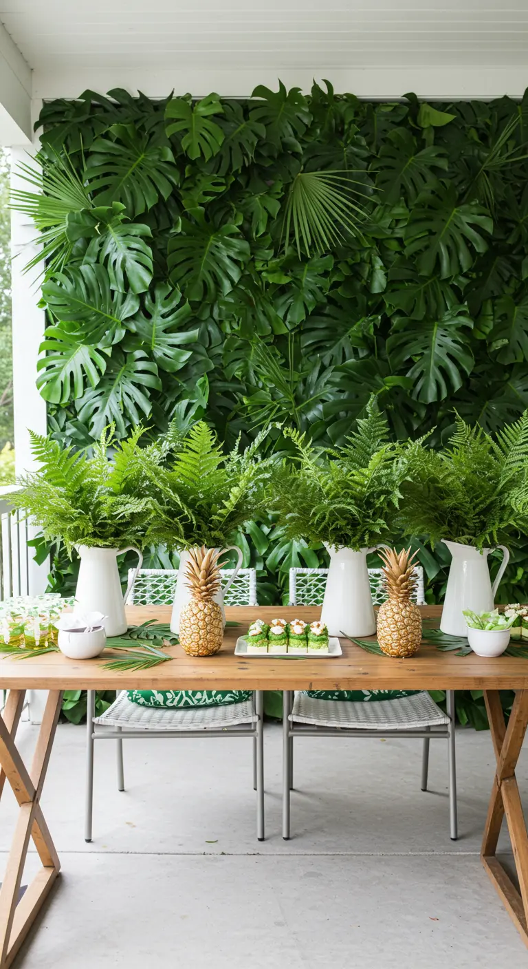 A stunning feature wall covered entirely in lush, green tropical leaves.