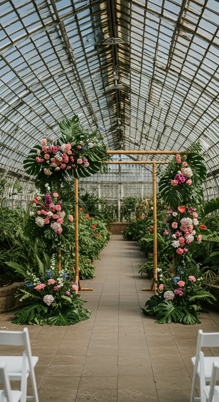 A bamboo wedding arch in a greenhouse, adorned with tropical leaves and pink flowers.