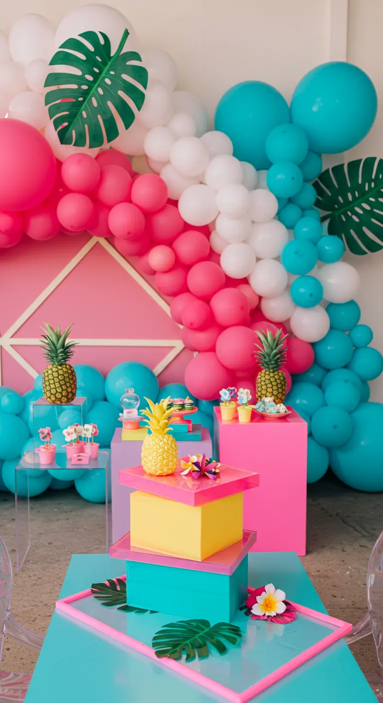Bright tropical party with pink and teal balloons, pineapples, and monstera leaves.