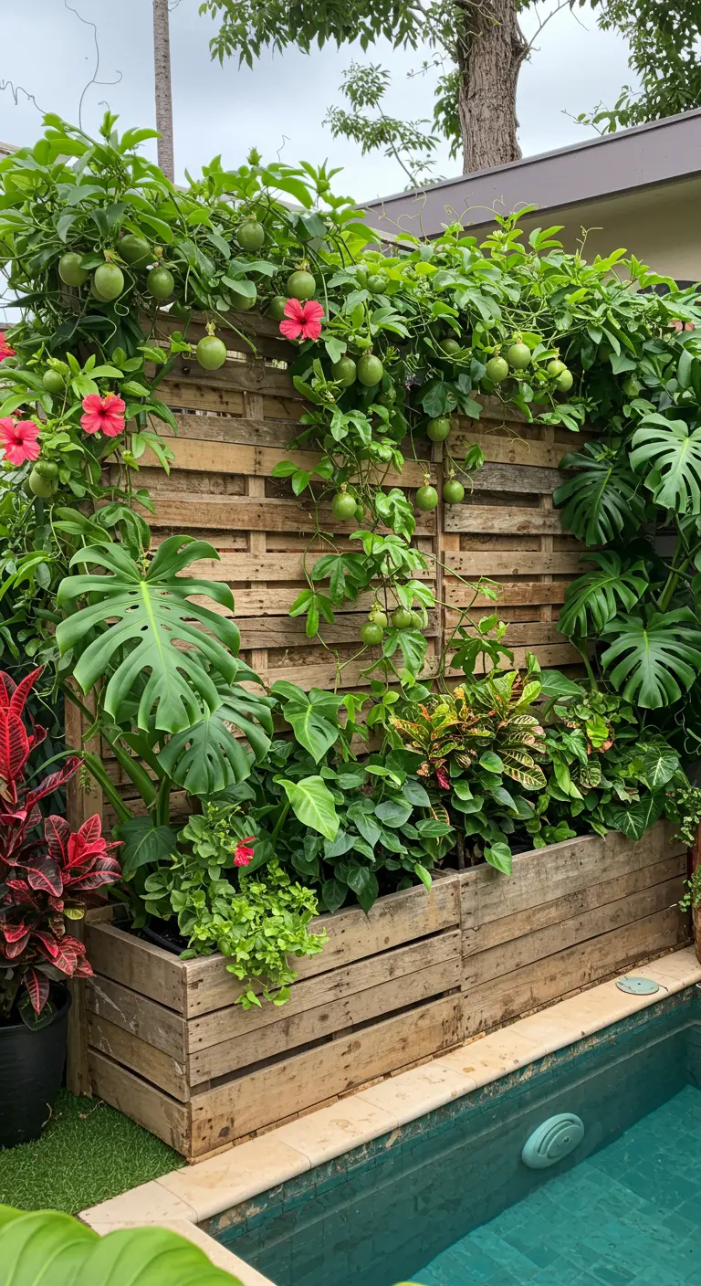A rustic pallet screen by a pool, overflowing with passionfruit vines, monstera, and other tropical plants.