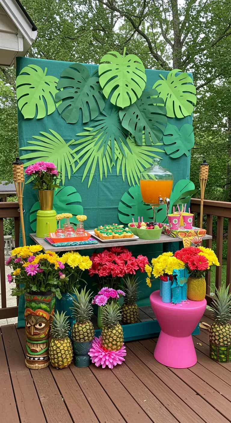 A vibrant tropical party backdrop made of green paper leaves on a deck.