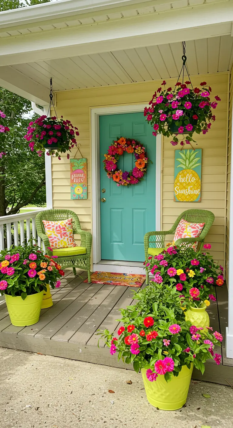Tropical summer porch with bright flowers, wicker chairs, and a pineapple sign.