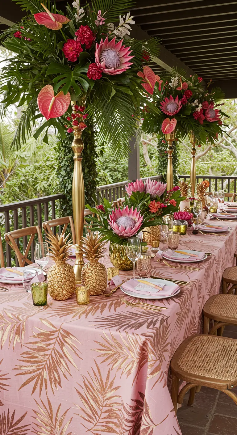 A tropical-themed party table with a pink leaf-print tablecloth, gold pineapples, and protea flowers.