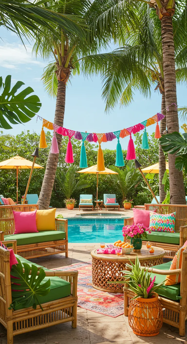 A bright, multi-colored tassel garland strung between palm trees at a poolside party.